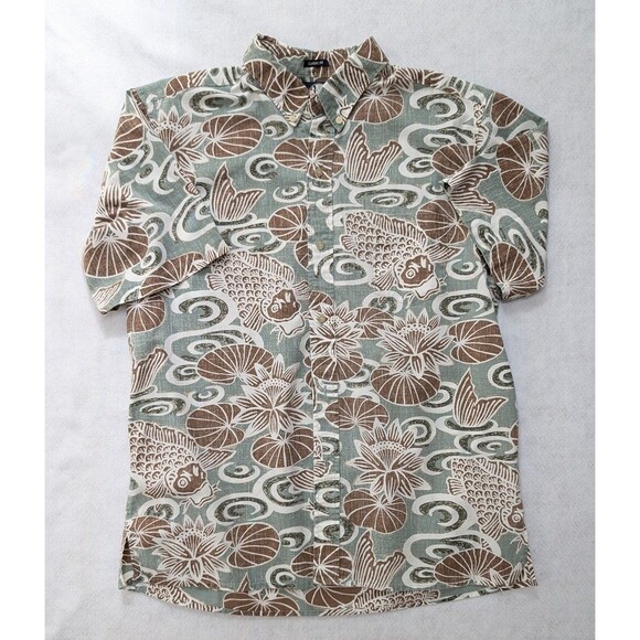 Vintage Hawaiian Button-Up Shirt Sz XL Koi Fish & Lotus Print Short Sleeveion - Picture 2 of 6